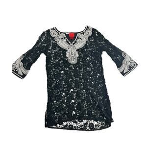 V Cristina Womens Sz S Black Boho Lace Tunic Top Embellished Sequin Bead Paisley
